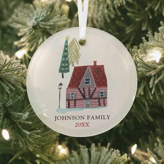 Cute Christmas Village Houses Personalized  Glass Ornament (Insitu)