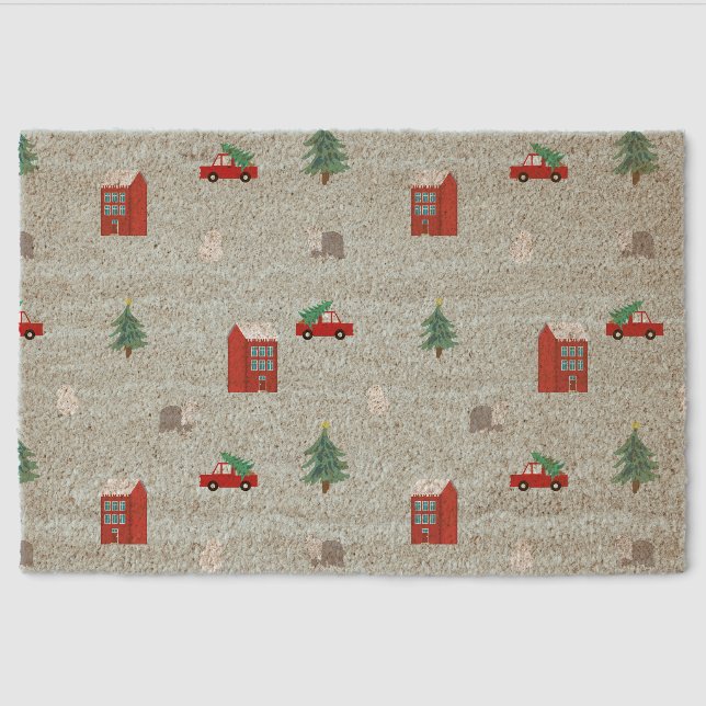 Cute Christmas Village Pattern Fiber Doormat (Front)