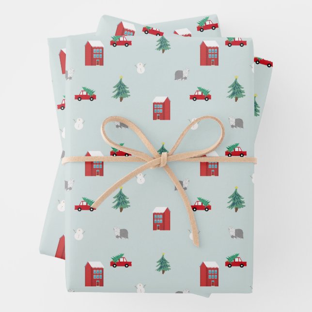 Cute Christmas Village Pattern Wrapping Paper Sheets (In situ)