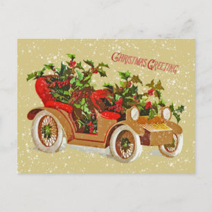 Cute Christmas Vintage Car Holly Snow Gold Holiday Postcard