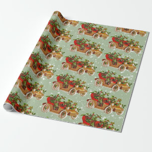 Cute Christmas Vintage Car Holly Snow Sage Green Wrapping Paper