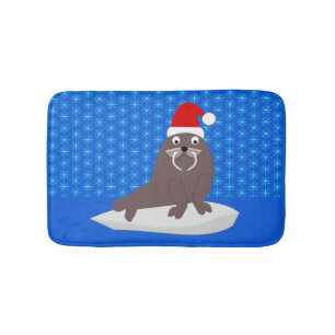 Cute Christmas Walrus and Snowflakes Bath Mat