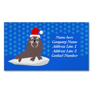 Cute Christmas Walrus and Snowflakes Business Card Magnet