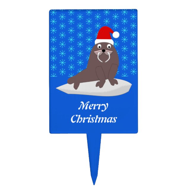 Cute Christmas Walrus and Snowflakes Cake Topper (Front)