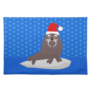 Cute Christmas Walrus and Snowflakes Cloth Placemat