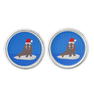 Cute Christmas Walrus and Snowflakes Cufflinks