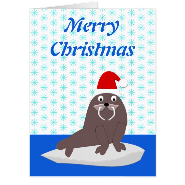 Cute Christmas Walrus and Snowflakes Custom Card (Front)
