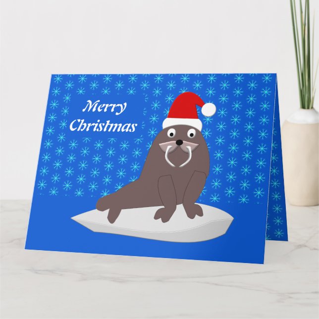 Cute Christmas Walrus and Snowflakes Custom Card (Front)
