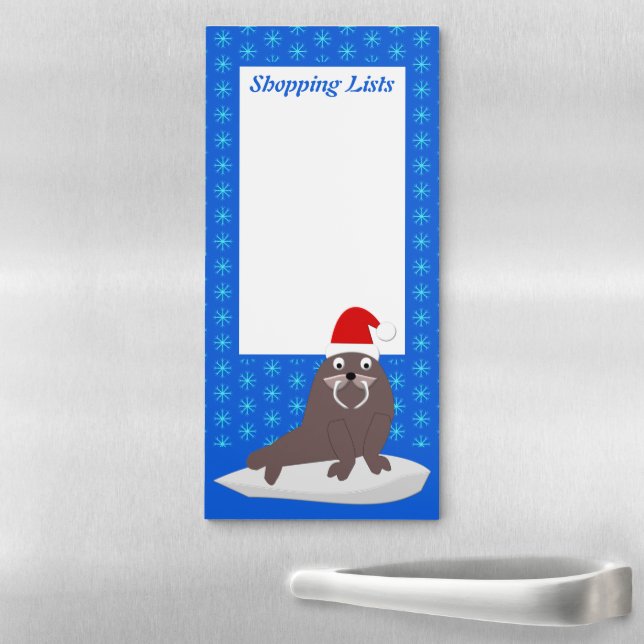 Cute Christmas Walrus and Snowflakes Custom Magnetic Notepad (In Situ)
