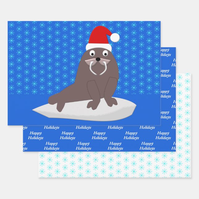 Cute Christmas Walrus and Snowflakes Custom Wrapping Paper Sheets (Set)