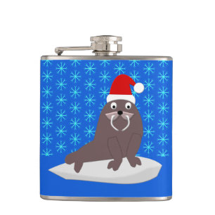 Cute Christmas Walrus and Snowflakes Flask