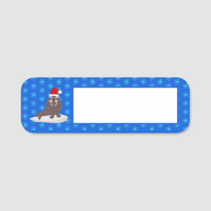 Cute Christmas Walrus and Snowflakes Name Tag