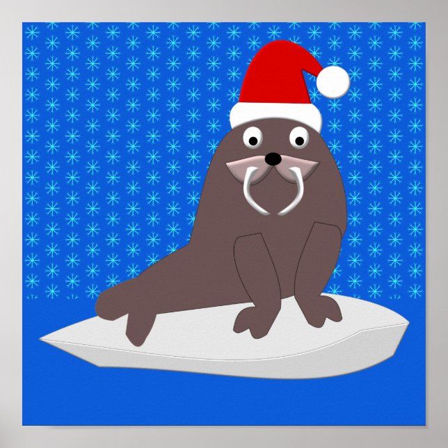Cute Christmas Walrus and Snowflakes Poster (Front)