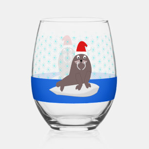 Cute Christmas Walrus and Snowflakes Stemless Wine Glass