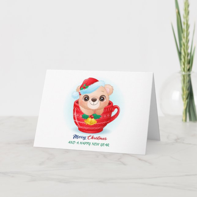 Cute Christmas Watercolor Baby Bear Santa Hat Holiday Card (Front)