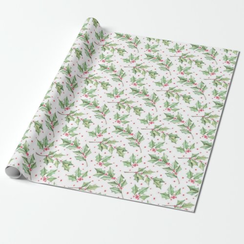 Cute Christmas Watercolor Botanical Holly Berries Wrapping Paper
