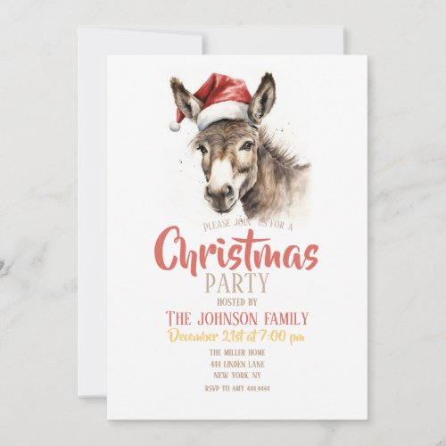 Cute Christmas Watercolor Donkey Invitation