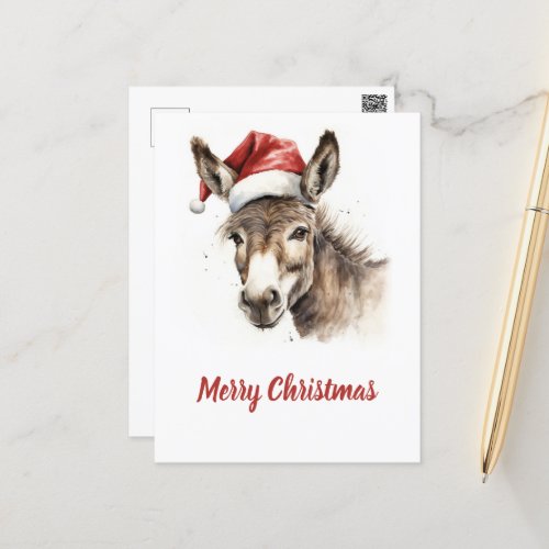 Cute Christmas Watercolor Donkey Postcard