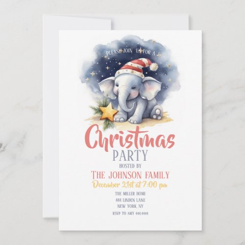 Cute Christmas Watercolor Elephant Invitation