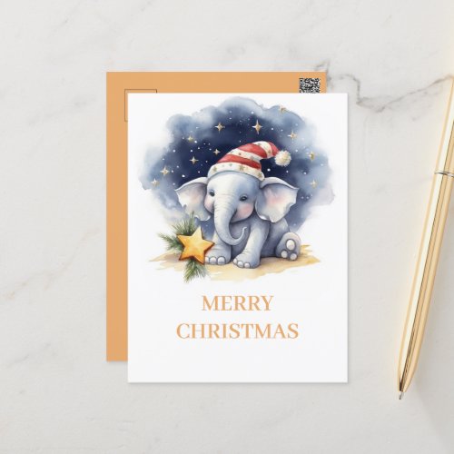 Cute Christmas Watercolor Elephant Postcard