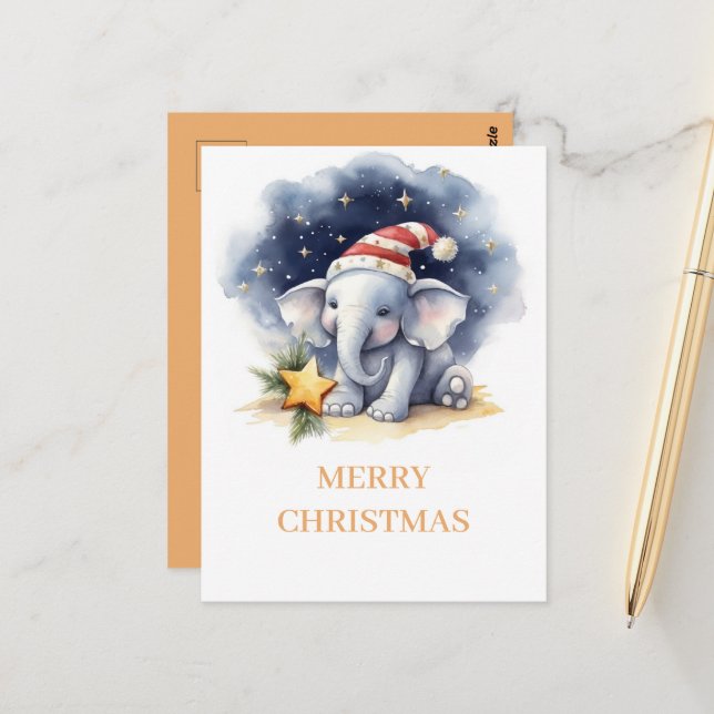 Cute Christmas Watercolor Elephant Postcard (Front/Back In Situ)