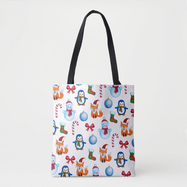Cute Christmas Watercolor Illustration Pattern Tote Bag (Front)