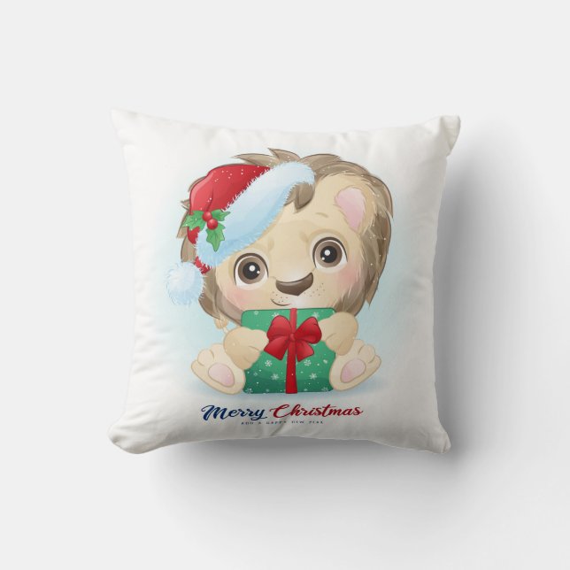Cute Christmas Watercolor Lion Nursery Throw Pillow (Front)