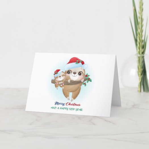 Cute Christmas Watercolor Mom & Baby Sloth