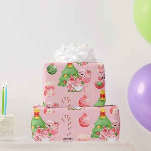 Cute Christmas Watercolor Pink and Green Tropical  Wrapping Paper