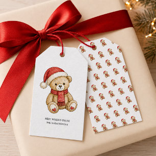 Cute Christmas Watercolor Red Teddy Bear Gift Tags