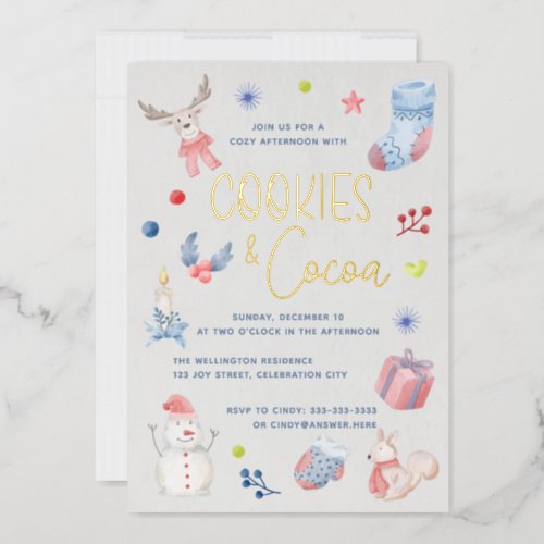 Cute Christmas Watercolor Script Cookies Cocoa Inv Foil Invitation
