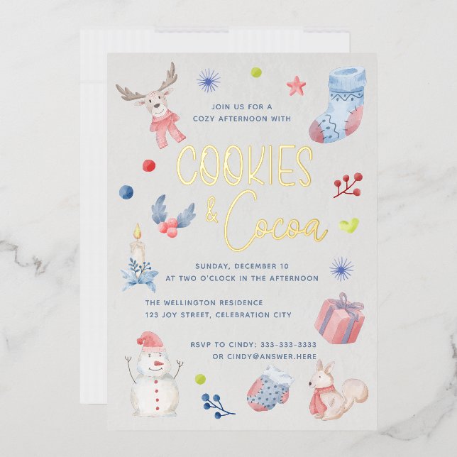 Cute Christmas Watercolor Script Cookies Cocoa Inv Foil Invitation (Envelope)