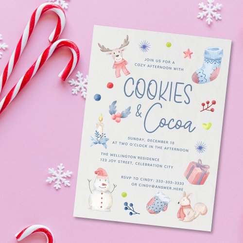 Cute Christmas Watercolor Script Cookies Cocoa Invitation