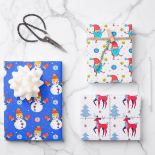 Cute Christmas Whimsical Snowman Santa Reindeer Wrapping Paper Sheets