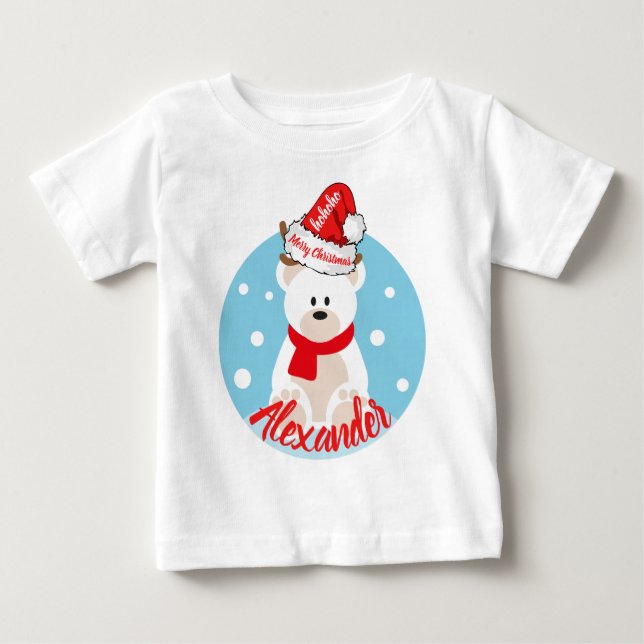 Cute Christmas White Polar Bear Red Santa Hat HoHo Baby T-Shirt (Front)