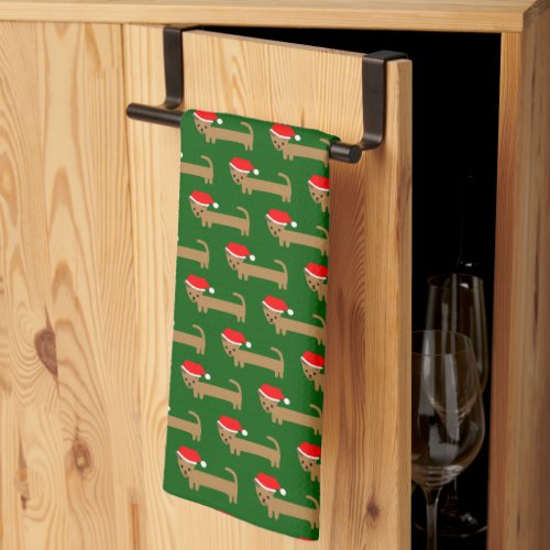 Cute Christmas Wiener Dog Cartoon Green Kitchen Towel