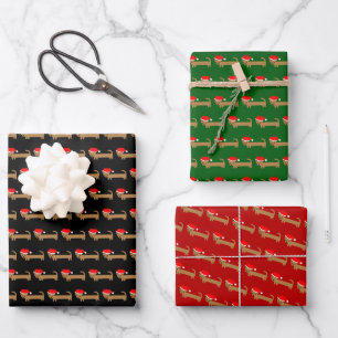 Cute Christmas Wiener Dog Cartoon Red Green Black Wrapping Paper Sheets