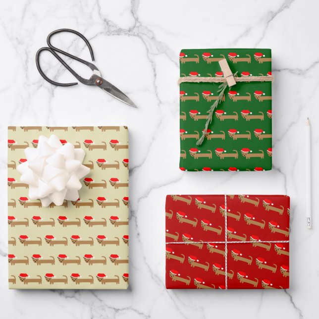 Cute Christmas Wiener Dog Cartoon Red Green Wrapping Paper Sheets (Front)