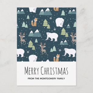 Cute Christmas Winter Animals Pattern Holiday Postcard