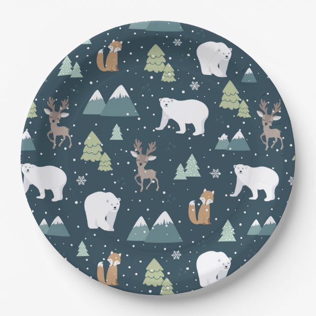 Cute Christmas Winter Animals Pattern Paper Plates (Front)