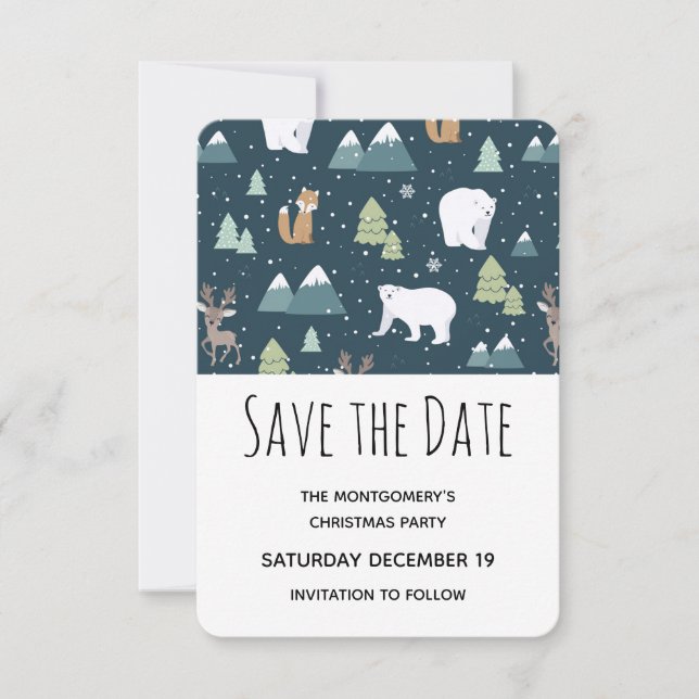 Cute Christmas Winter Animals Pattern Party Save The Date (Front)