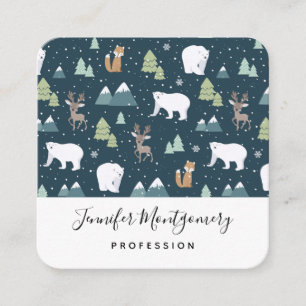 Cute Christmas Winter Animals Pattern Square Business Card