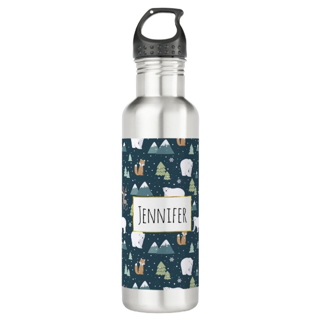 Cute Christmas Winter Animals Pattern Stainless Steel Water Bottle (Front)
