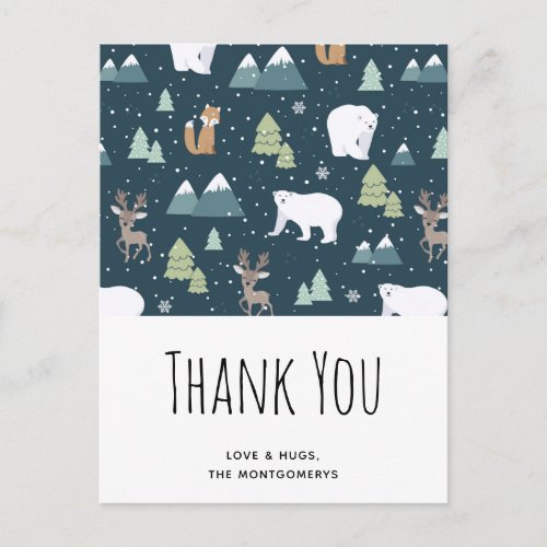 Cute Christmas Winter Animals Pattern Thank You Postcard