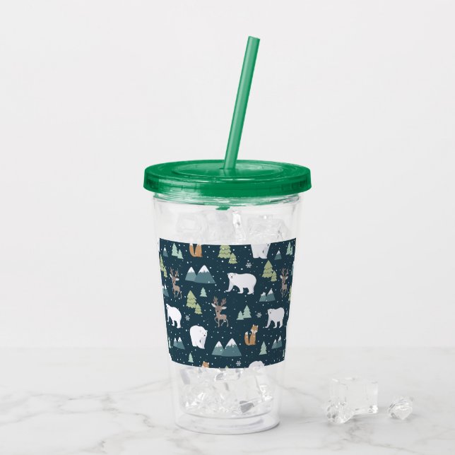 Cute Christmas Winter Animals Rustic Pattern Acrylic Tumbler (Back Ice)