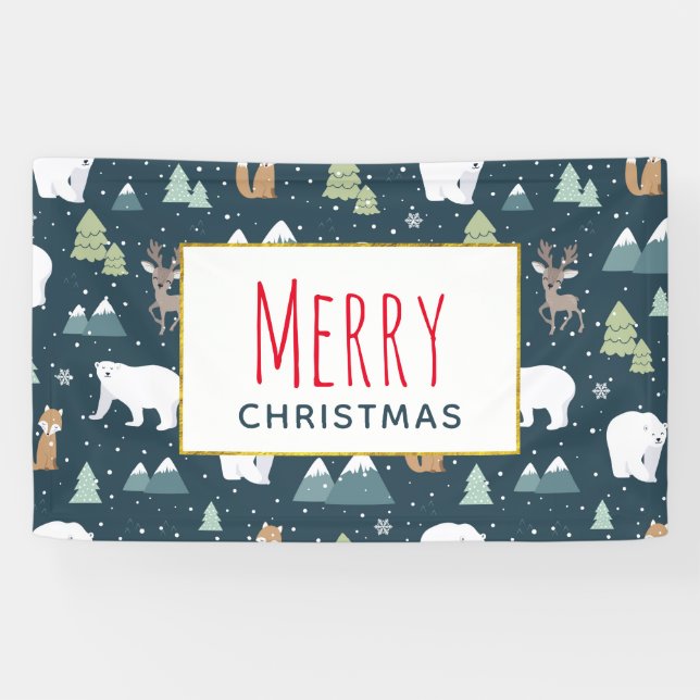 Cute Christmas Winter Animals Rustic Pattern Banner (Horizontal)