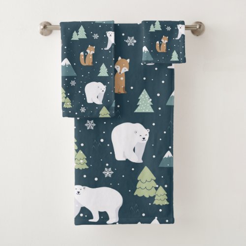 Cute Christmas Winter Animals Rustic Pattern Bath Towel Set