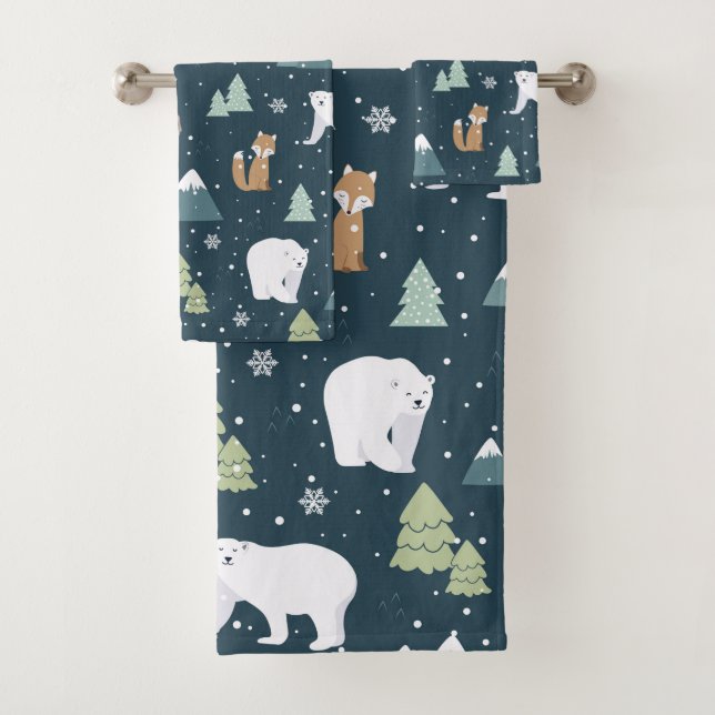 Cute Christmas Winter Animals Rustic Pattern Bath Towel Set (Insitu)
