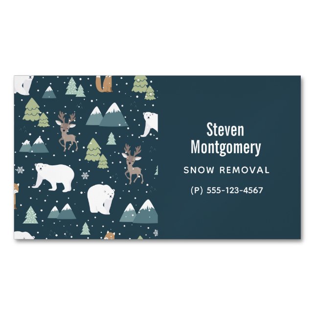 Cute Christmas Winter Animals Rustic Pattern Business Card Magnet (Front)