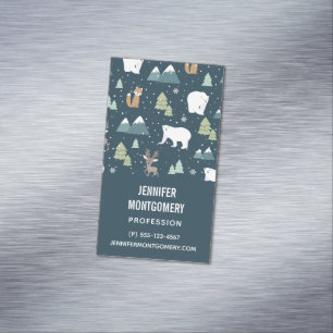 Cute Christmas Winter Animals Rustic Pattern Business Card Magnet